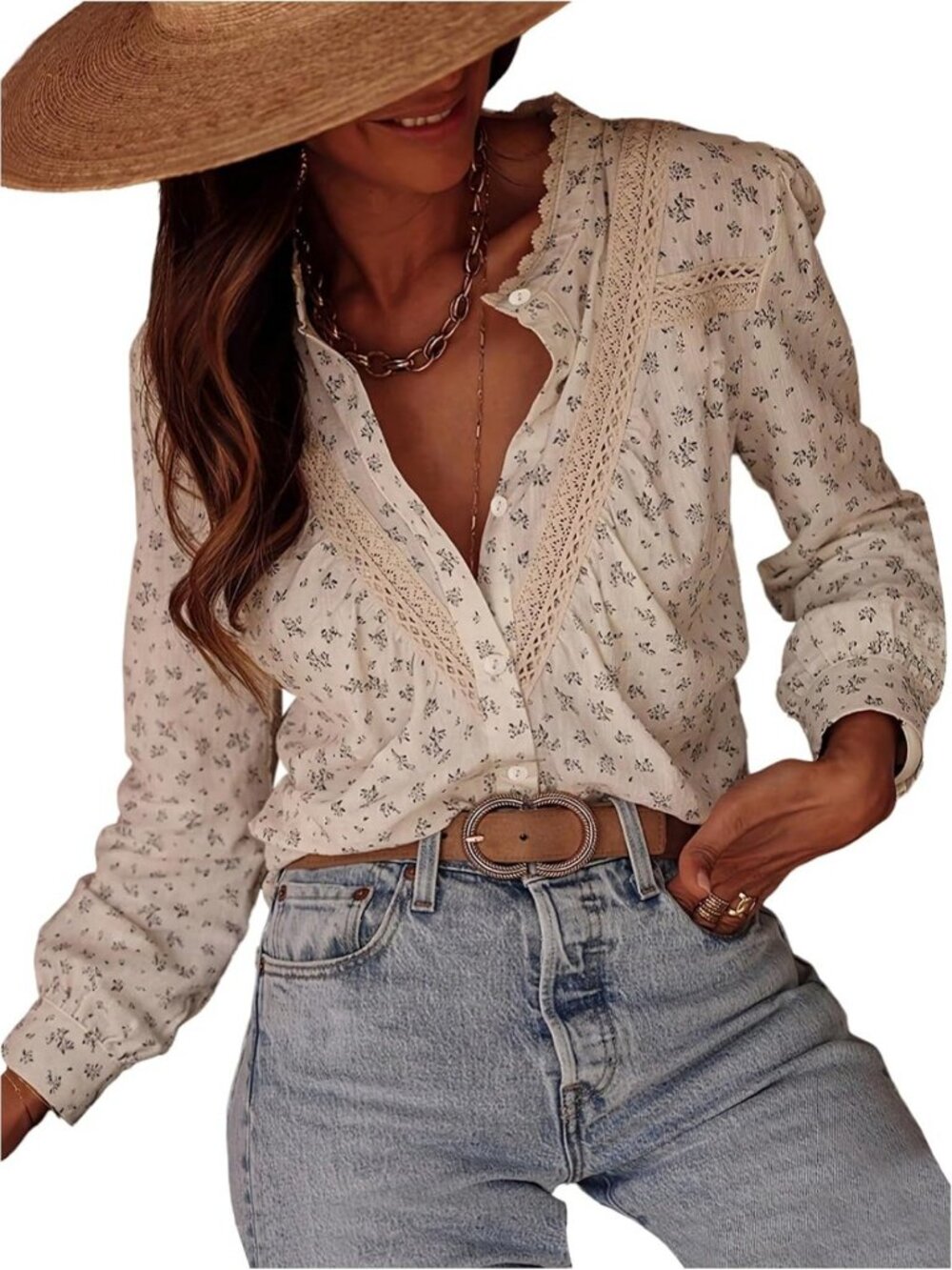 Boho Floral Peasant Blouse | Button Down Long Sleeve Top for Women